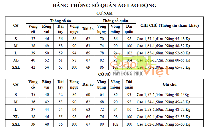 Bảng chọn size áo bóng đá cho nam và nữ